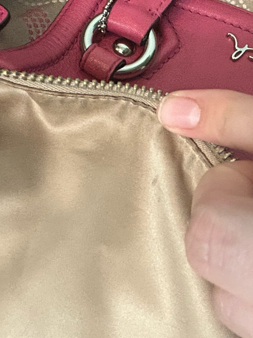 Coach Ashley dotted Op Art sateen satchel in khaki and hot pink with wallet - Picture 13 of 17